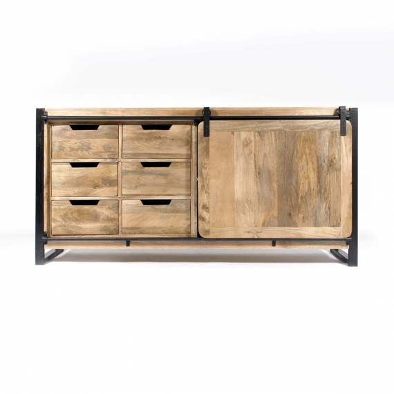 Mango wood sliding door sideboard, 6 wooden drawers